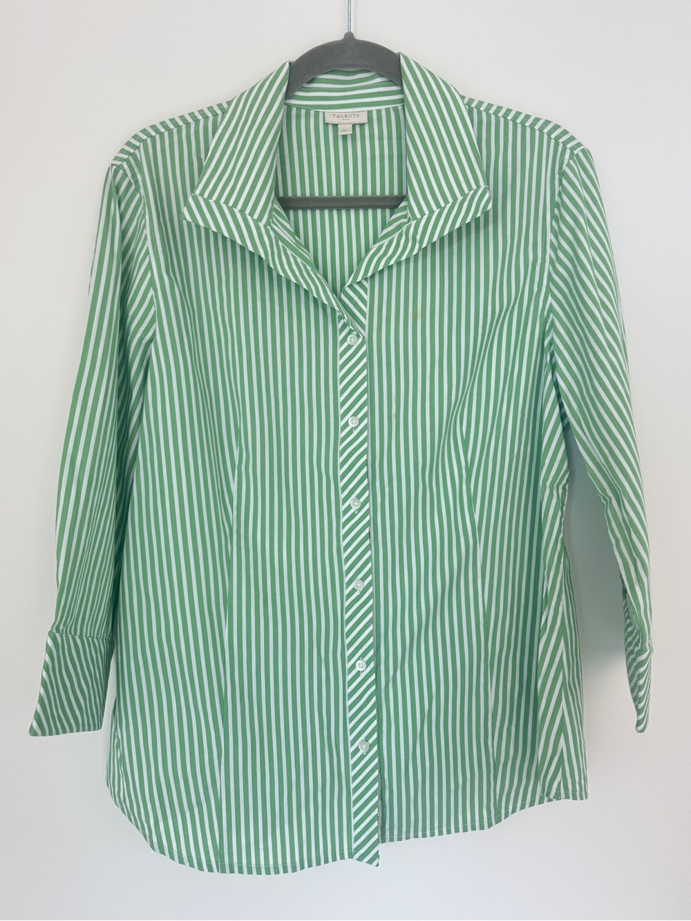 Talbots Green and White Stripe 3/4 Sleeve Button Down Shirt